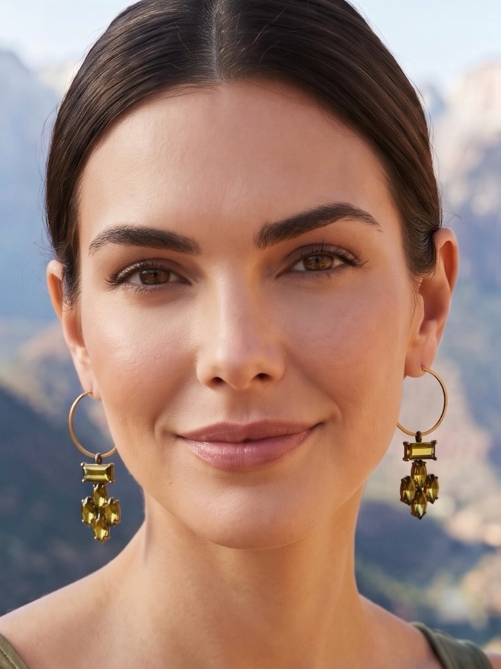Cinnabar Green Glass Dangle Earrings in Bronze Tone